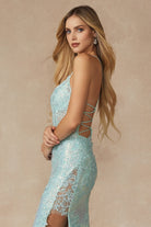 Machine sequin with lace embellishments and high slit gown-smcdress