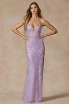 Machine sequin with lace embellishments and high slit gown-smcdress
