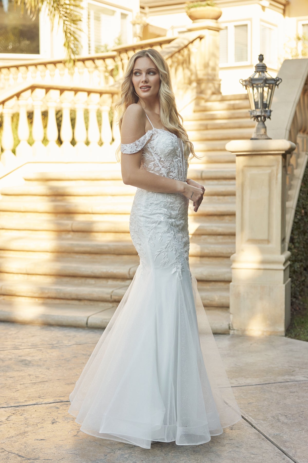 Leaf Lace Fitted Plunging V-Neck Long Wedding Dress-smcdress