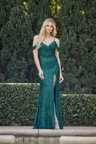 Off-shoulder long evening dress with sequin skirt slit-smcdress