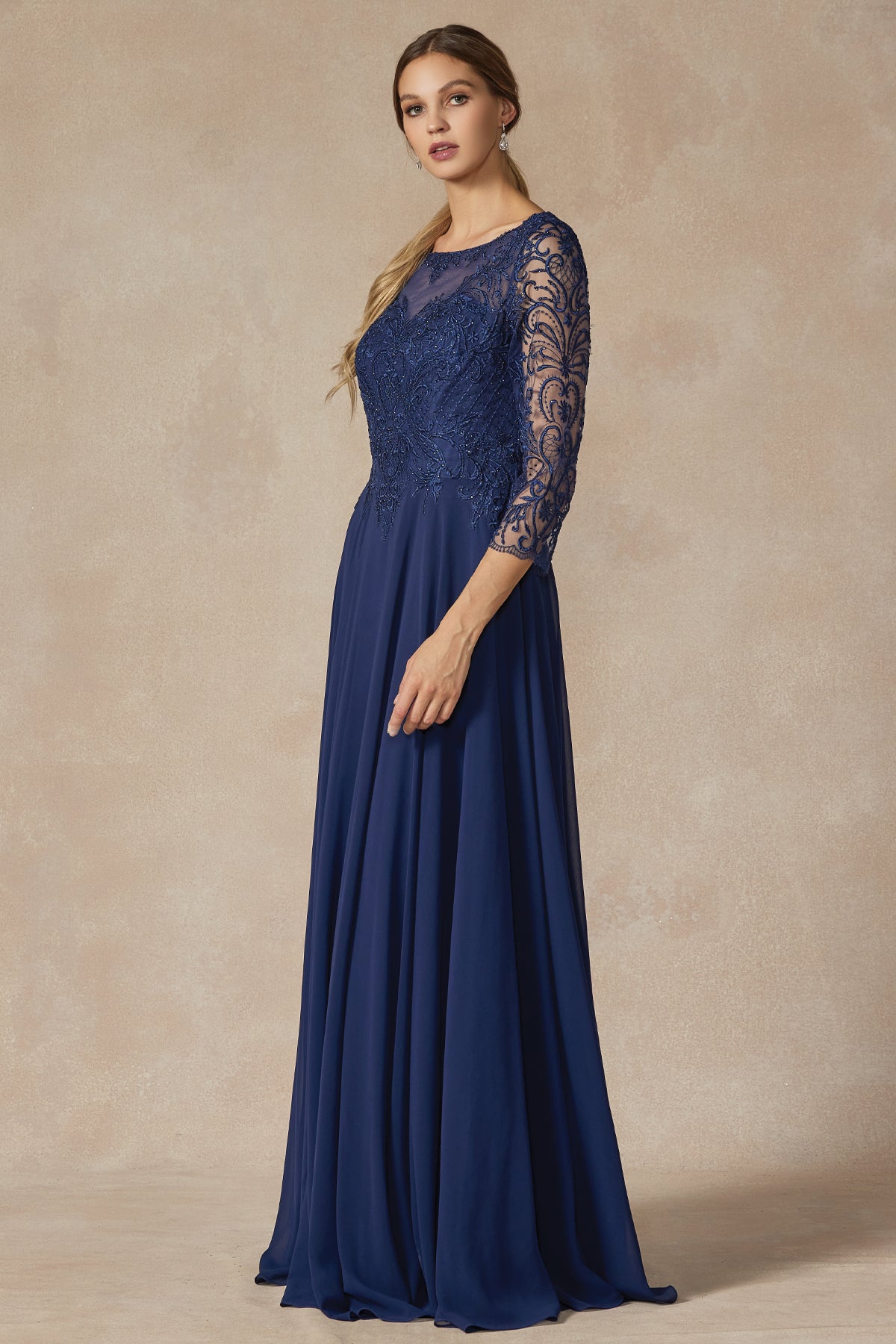 Embroidered Lace Beaded Long Mother Of The Bride Dress-smcdress