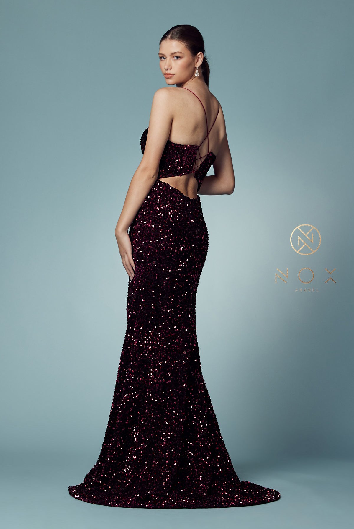 Fitted Velvet Prom Dress w/ Sequins & Plunging Neckline-smcdress