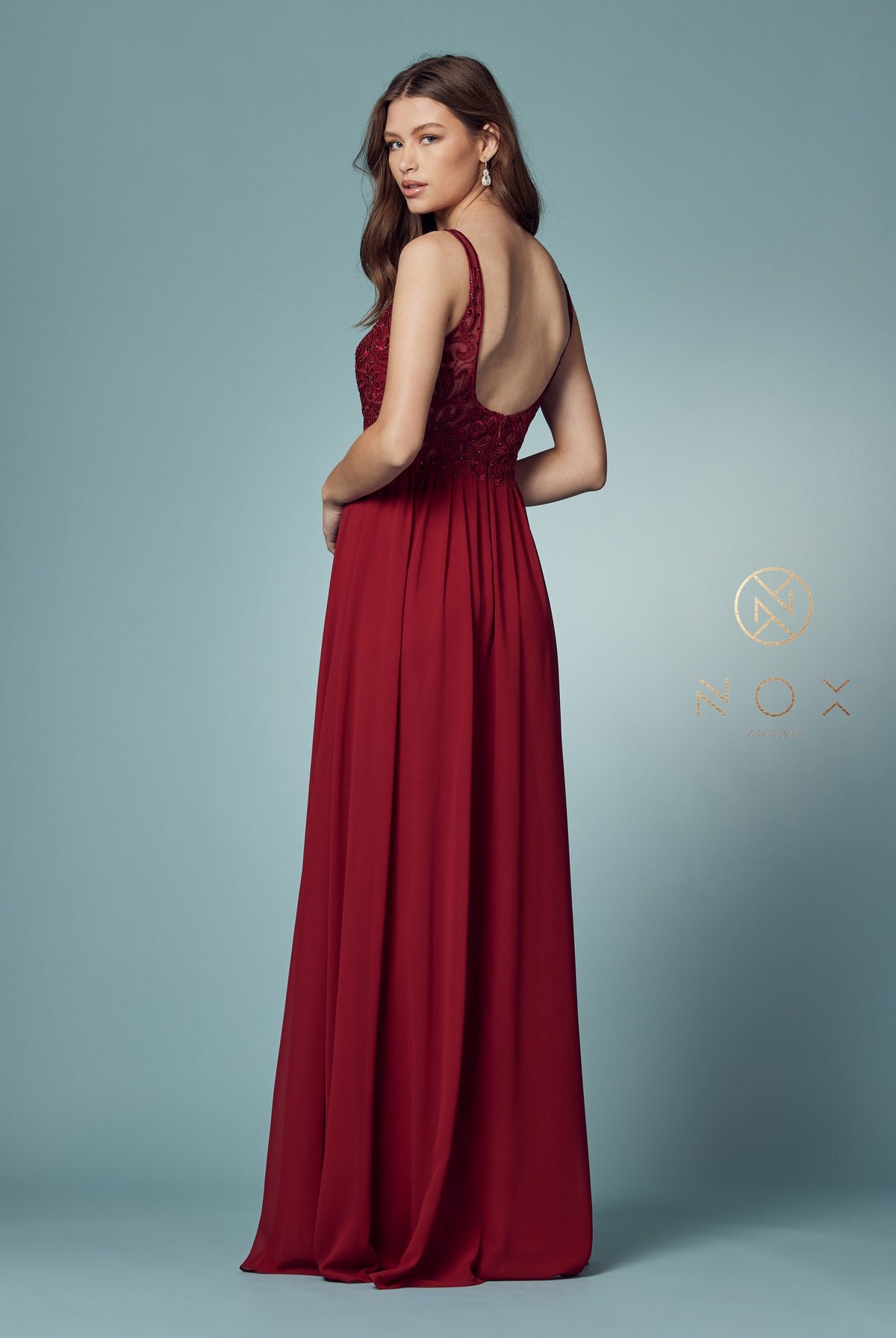 Embroidered V-Neck Dress w/ Side Slit & Bodice Illusion-smcdress