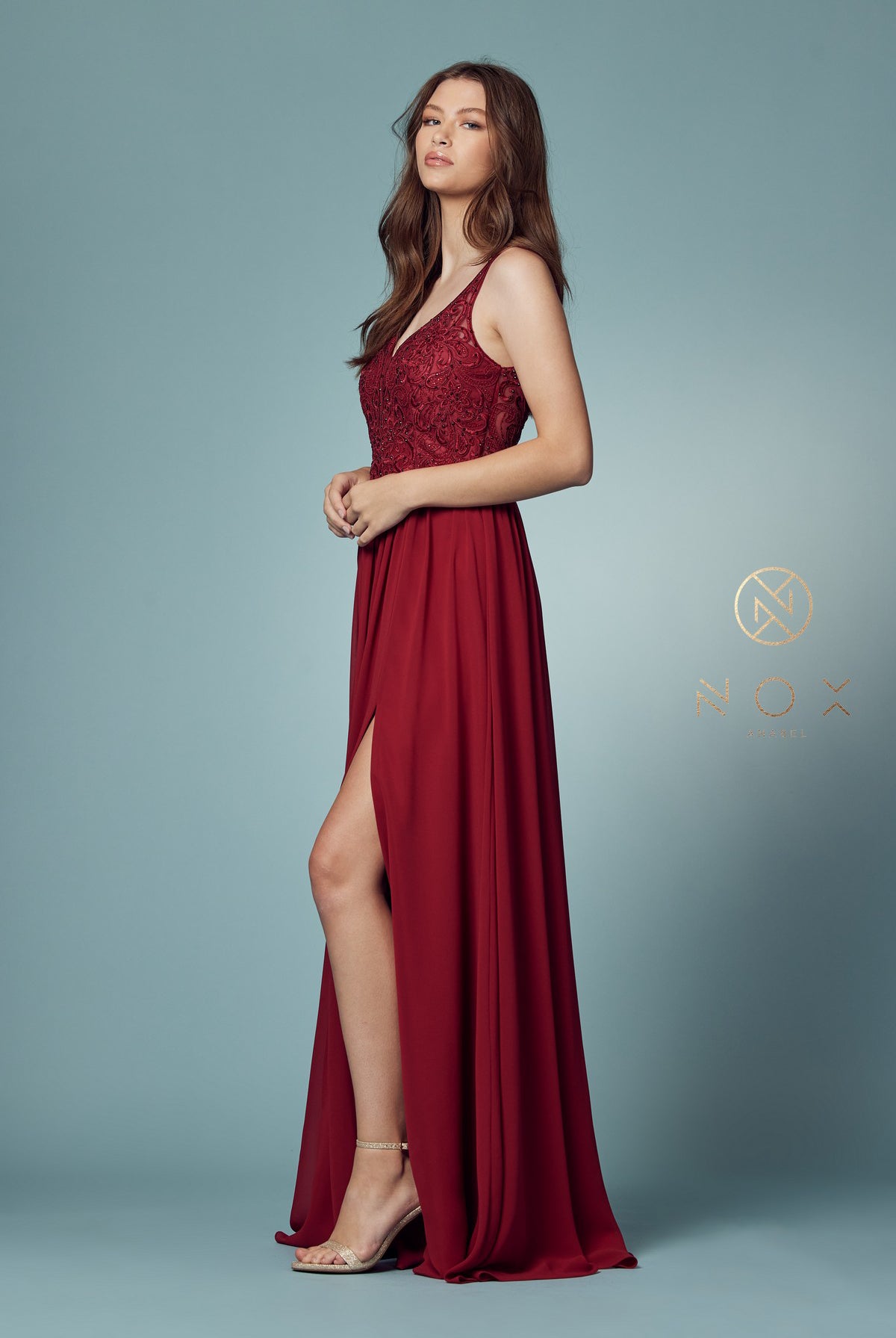 Embroidered V-Neck Dress w/ Side Slit & Bodice Illusion-smcdress
