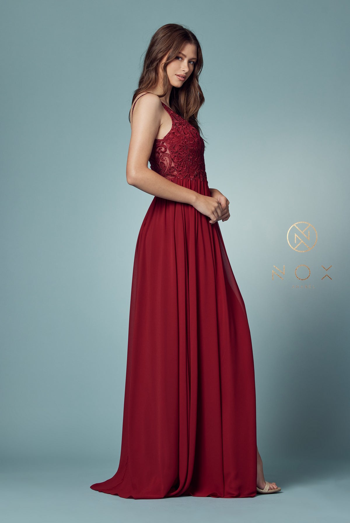Embroidered V-Neck Dress w/ Side Slit & Bodice Illusion-smcdress