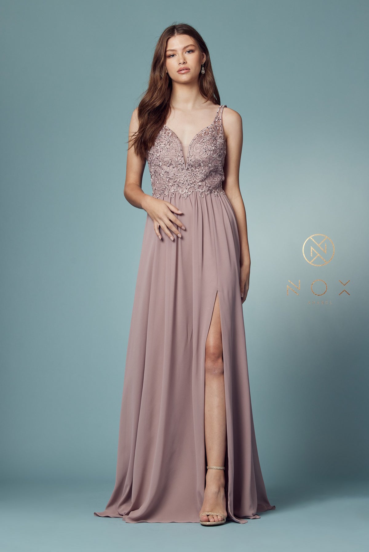 Embroidered V-Neck Dress w/ Side Slit & Bodice Illusion-smcdress