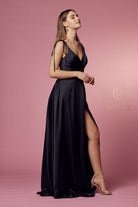 Double-breasted spaghetti-strap dress with high slit and long silhouette-smcdress