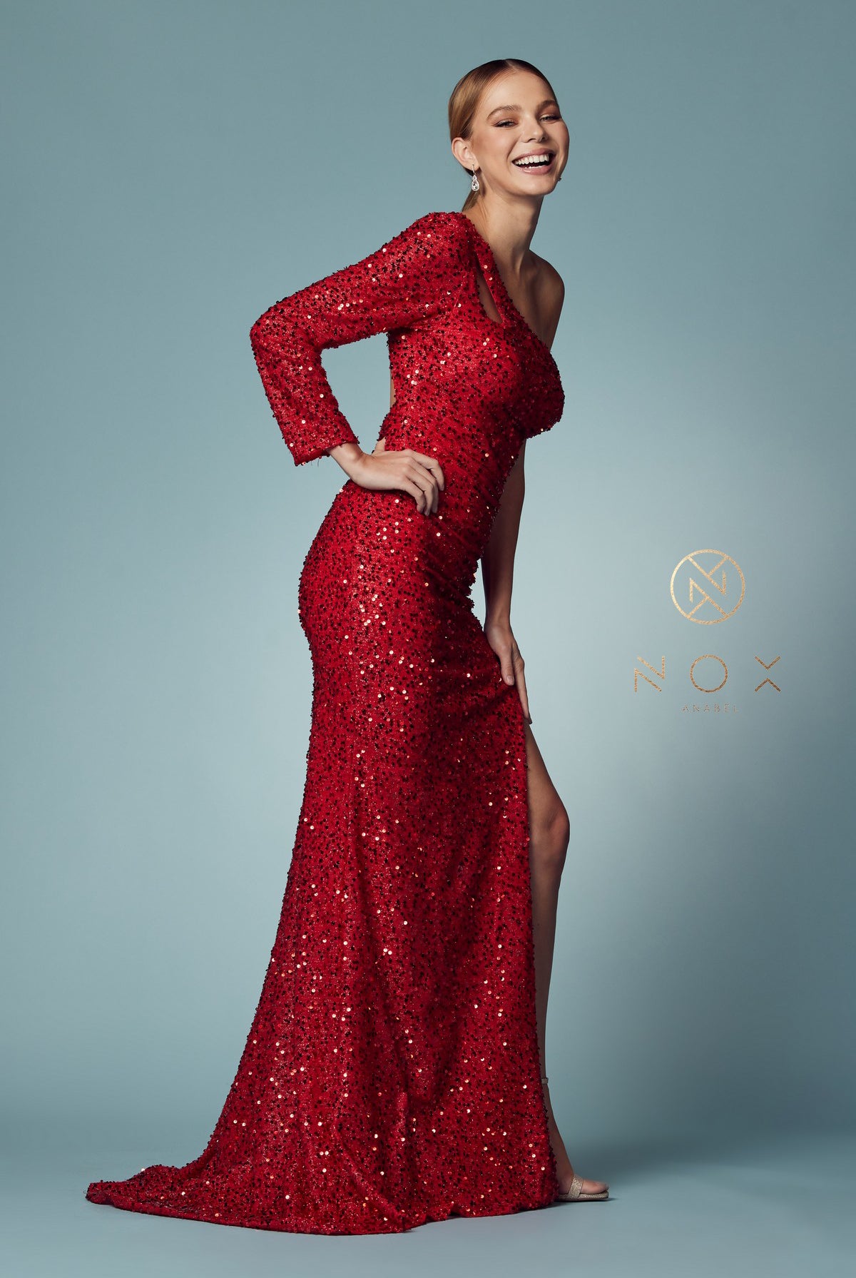 Sequin One-Shoulder Long-Sleeve High-Slit Prom Dress-smcdress