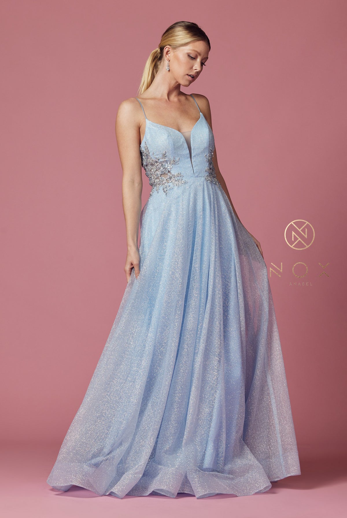 Glitter V-Neck Long Prom Dress-smcdress