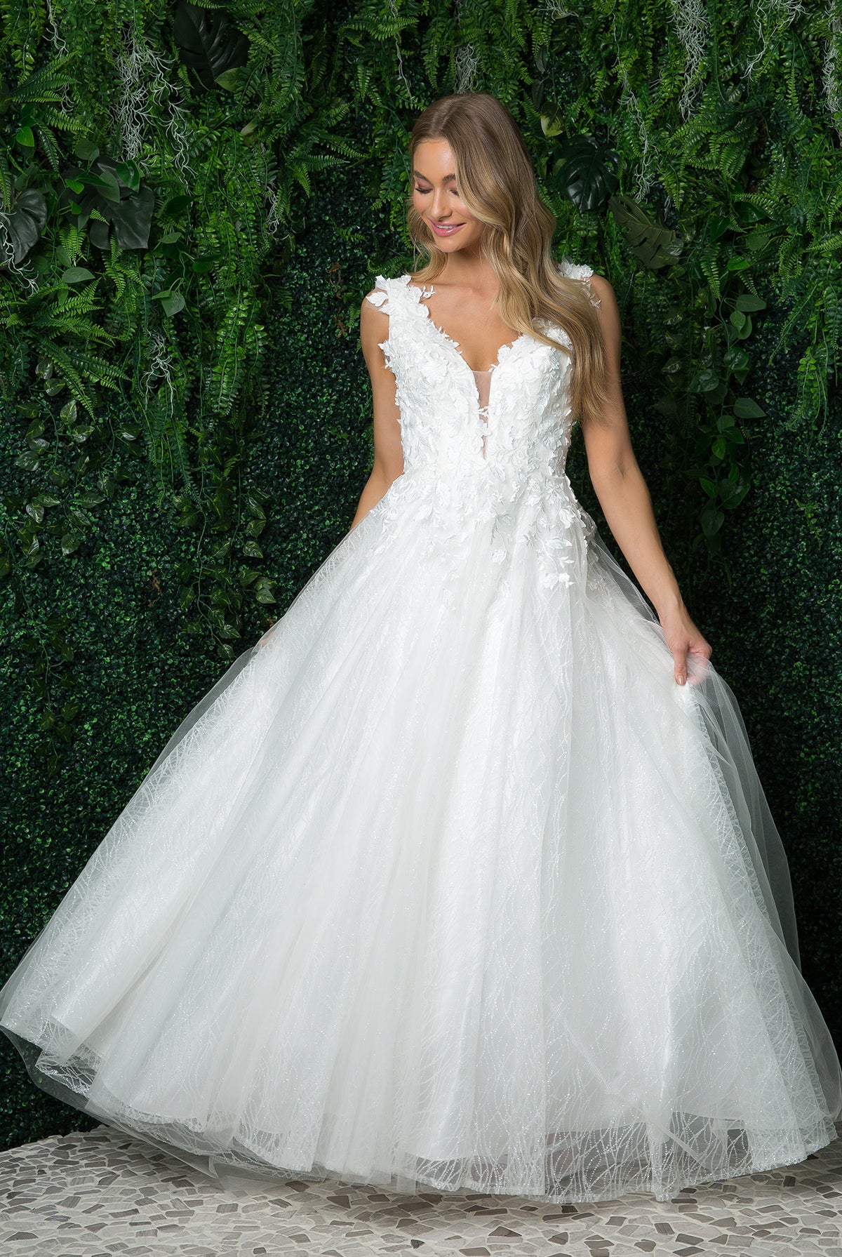 Long Wedding Dress with Deep V-Neck, Open V-Back-smcdress