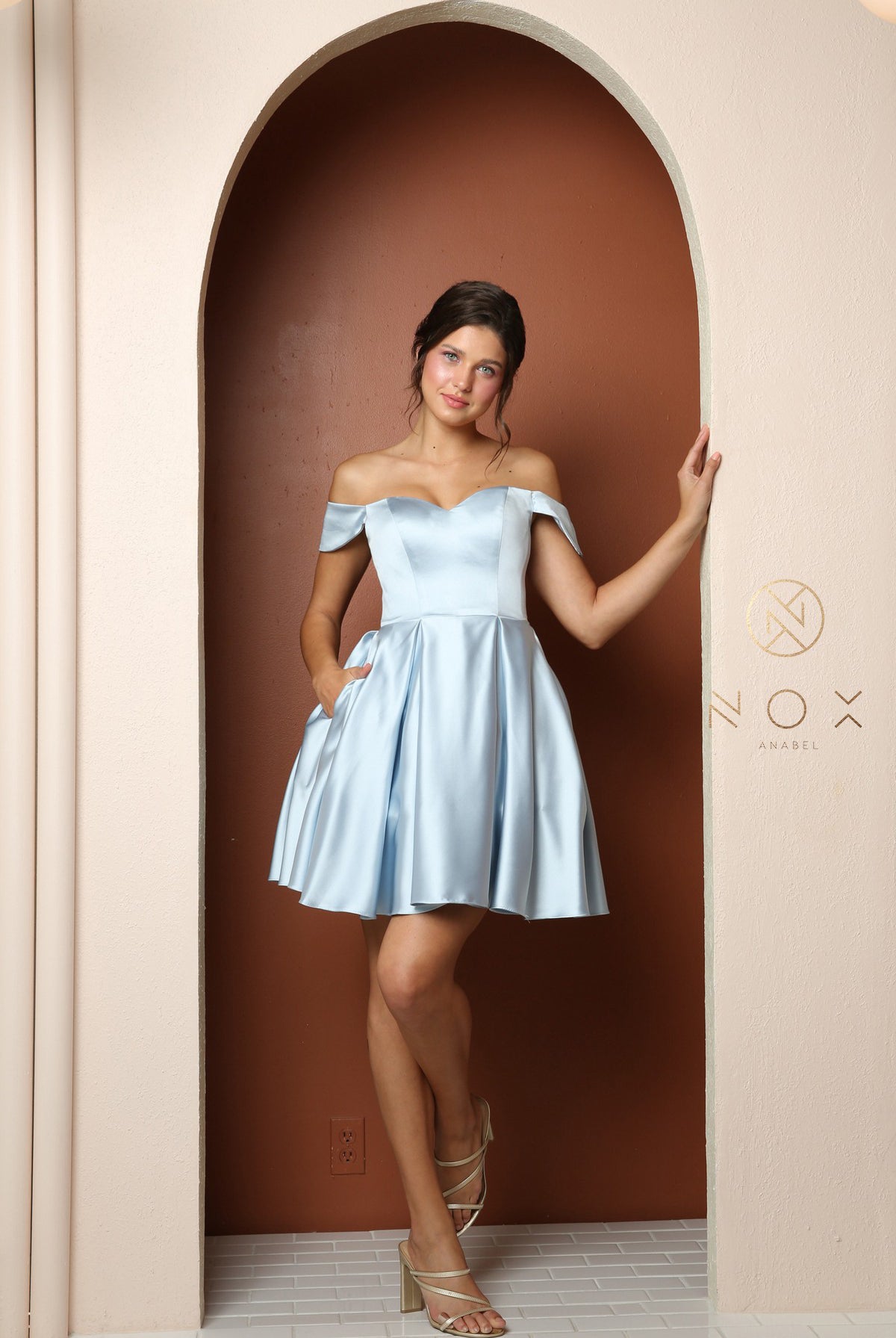 A-Line Off Shoulder Satin Dress With Pocket-smcdress