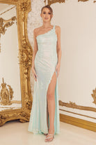 Embroidered One Shoulder Long Prom Dress with Side Slit-smcdress