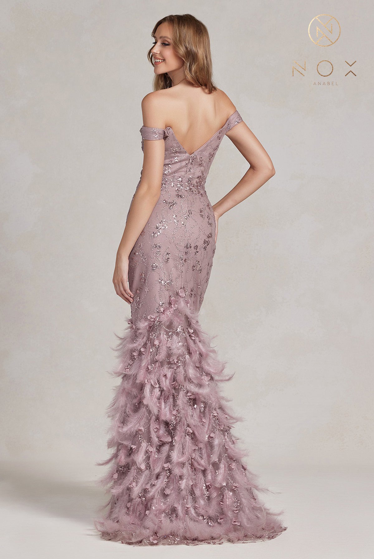 Off-shoulder Sweetheart Mermaid Dress with Feather Embellishment and Open Back-smcdress