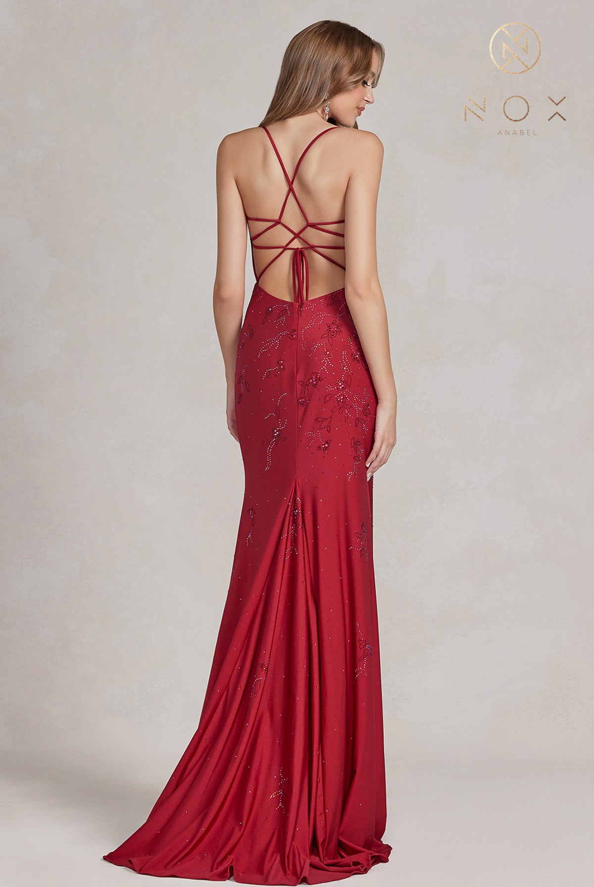 Embroidered V-Neck Evening Dress w/ Open Back Illusion-smcdress