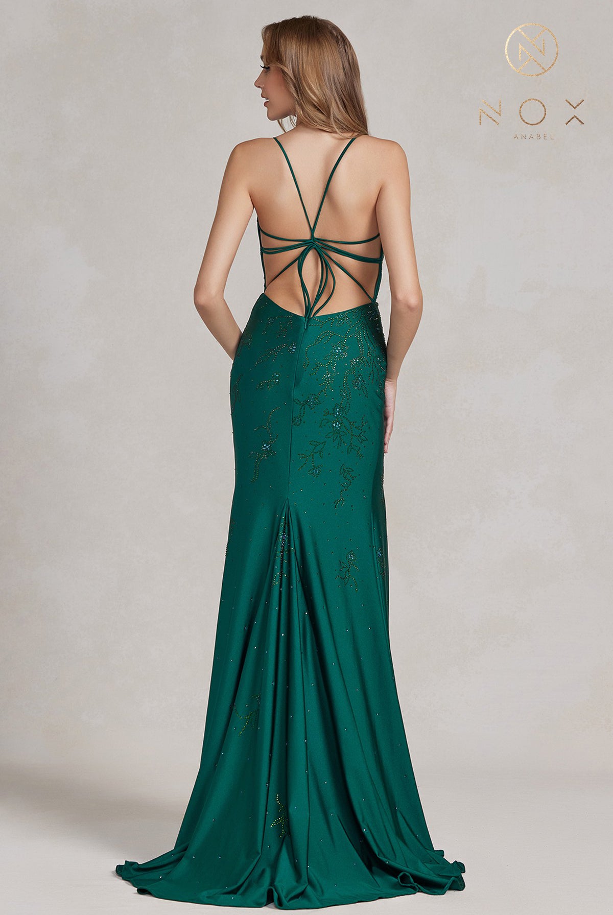Embroidered V-Neck Evening Dress w/ Open Back Illusion-smcdress