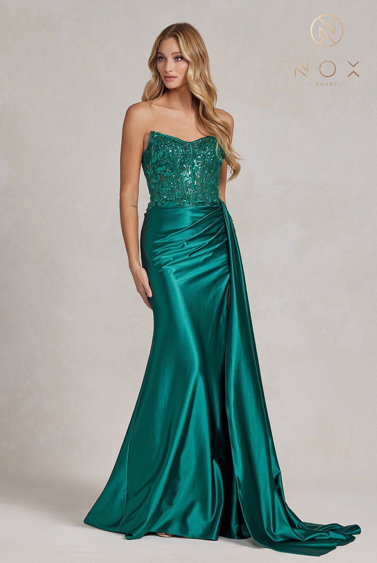 Long Satin Evening Dress with Embroidered Bodice and Side Slit-smcdress