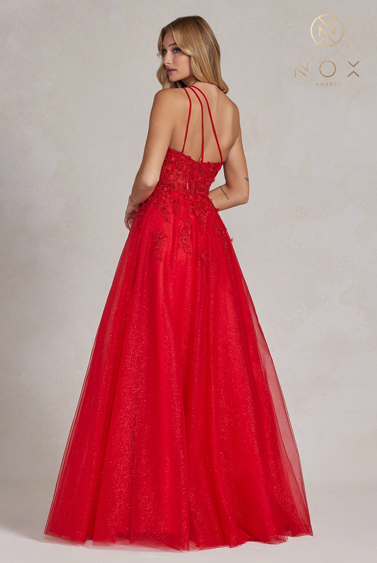 Embroidered A-Line Halter Prom Dress w/Open Back-smcdress