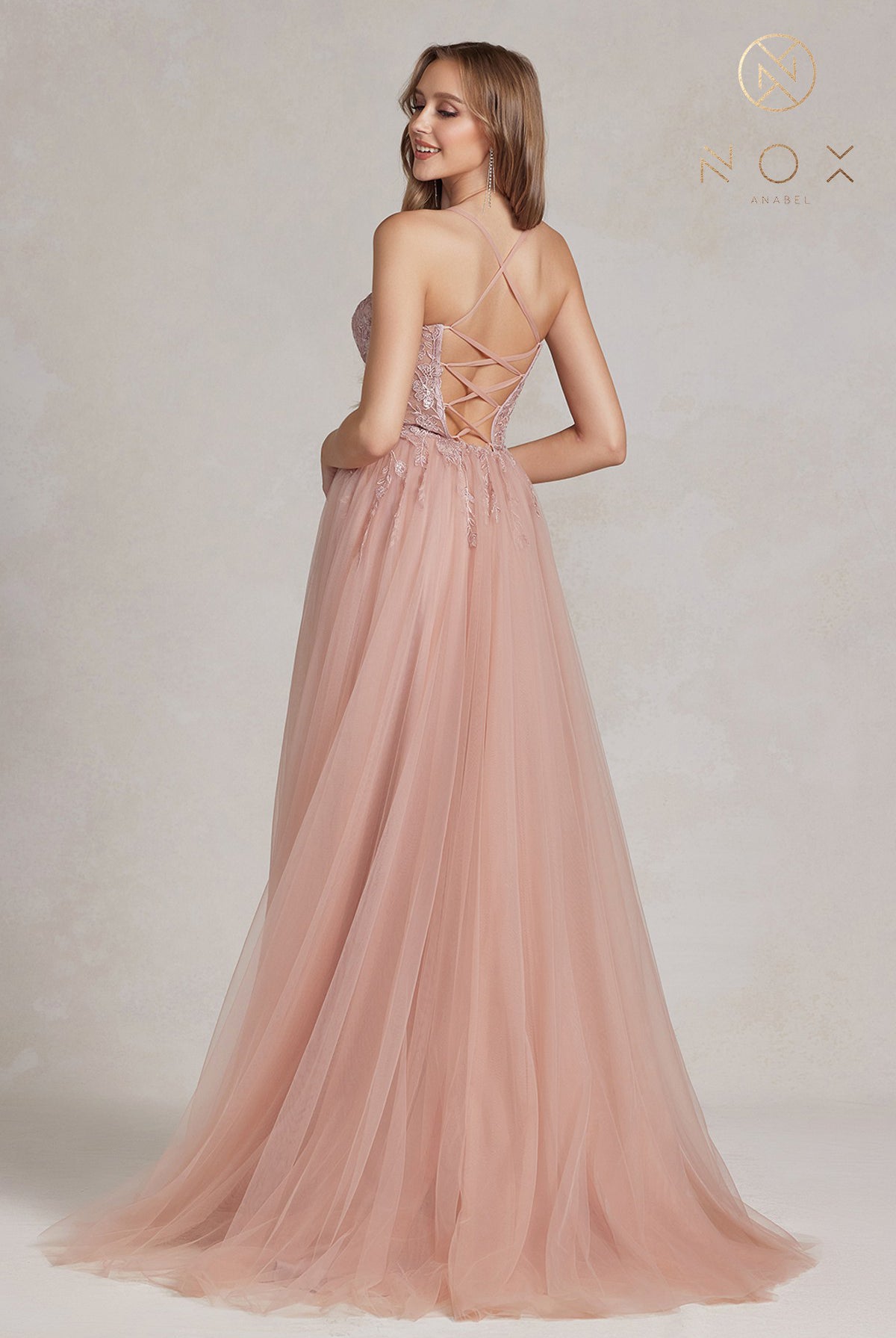 Embroidered Tulle Skirt Long Prom Dress w/ Bodice & Side Slit-smcdress