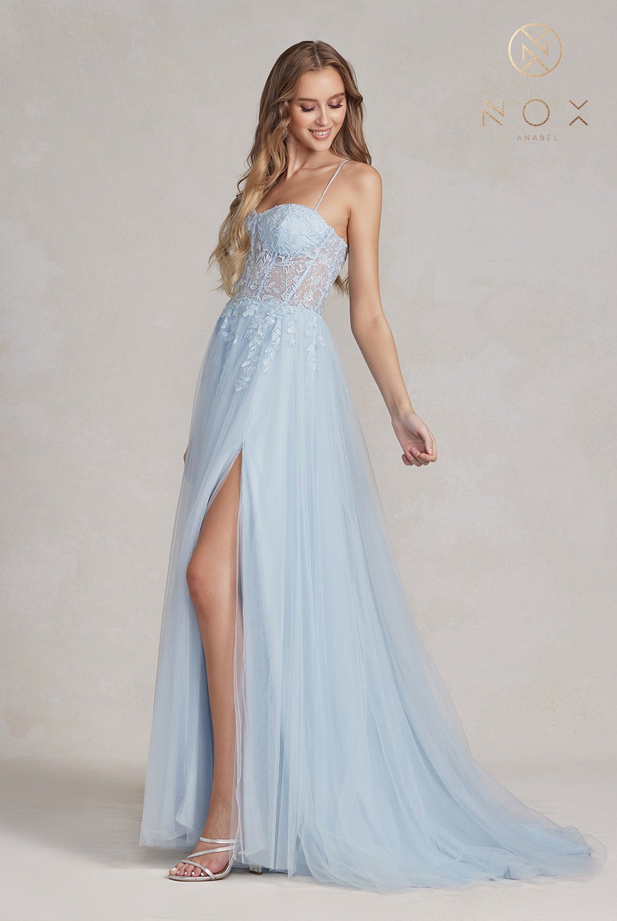 Embroidered Tulle Skirt Long Prom Dress w/ Bodice & Side Slit-smcdress