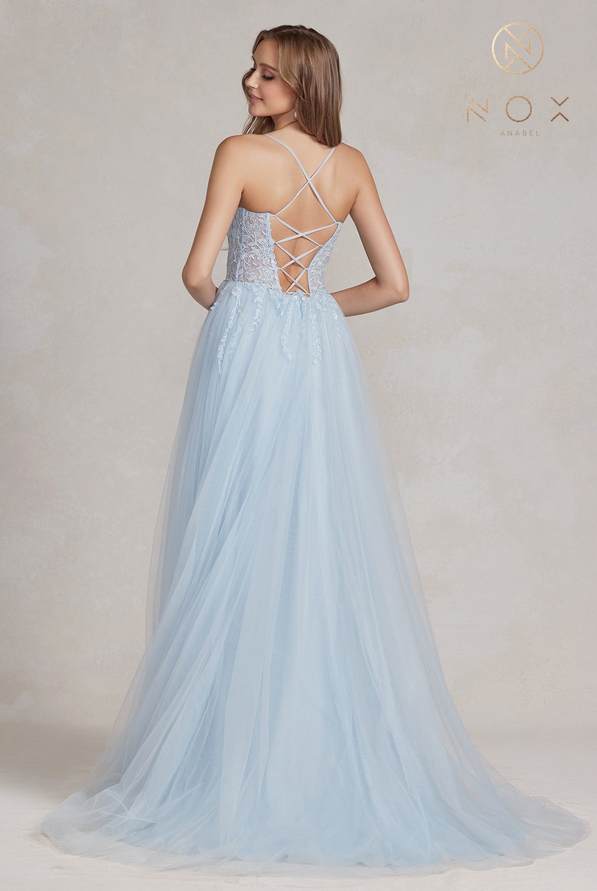 Embroidered Tulle Skirt Long Prom Dress w/ Bodice & Side Slit-smcdress