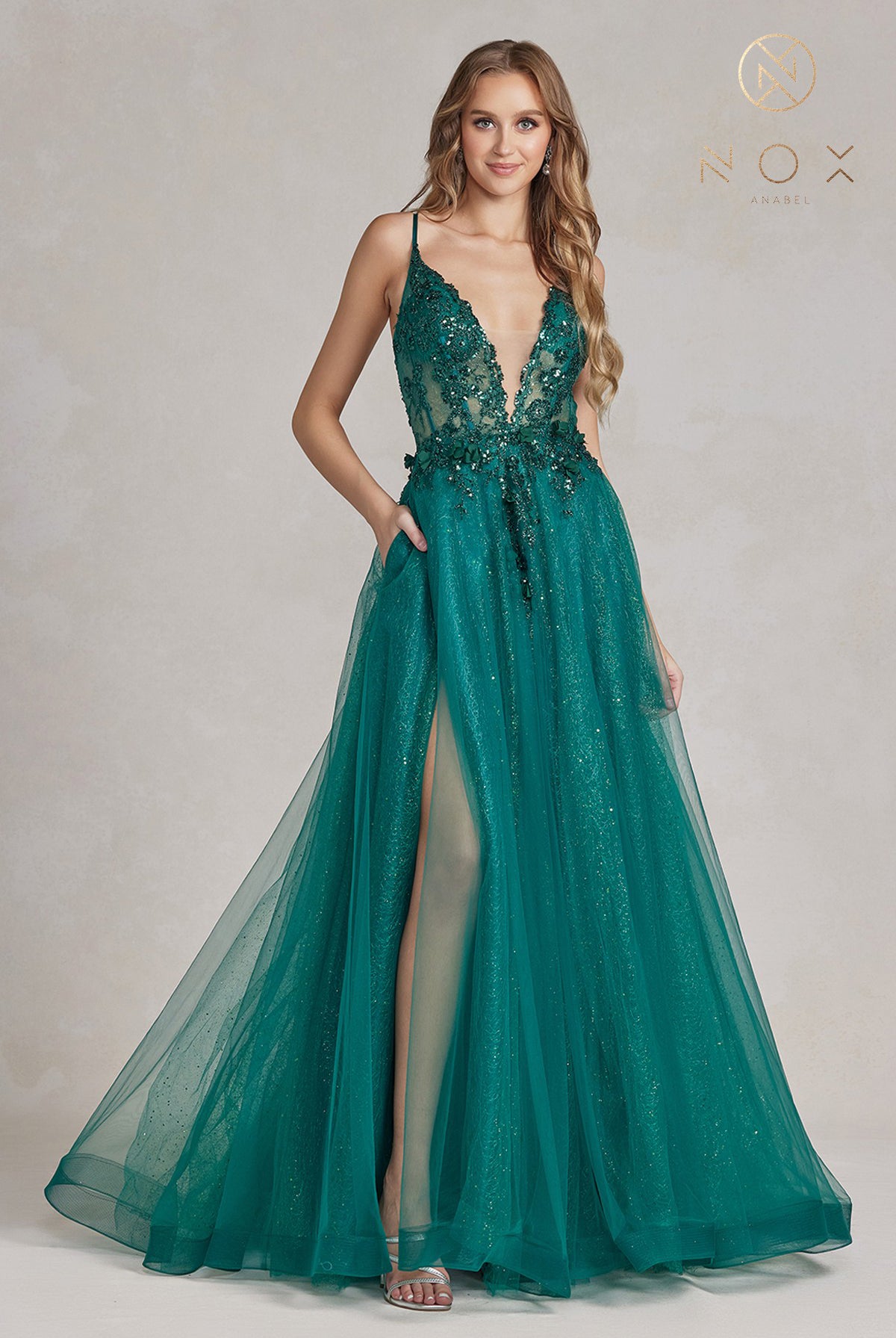 Embroidered Lace Prom Dress w/Tulle Skirt & Open Criss Cross Back-smcdress