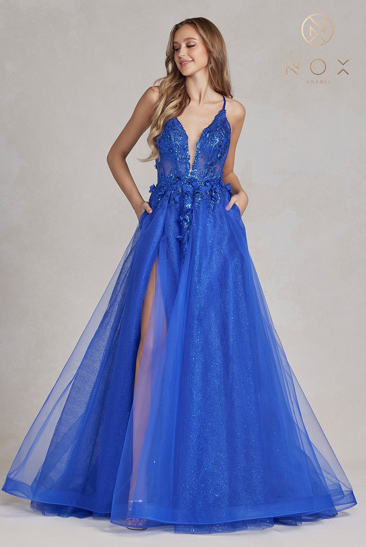 Embroidered Lace Prom Dress w/Tulle Skirt & Open Criss Cross Back-smcdress