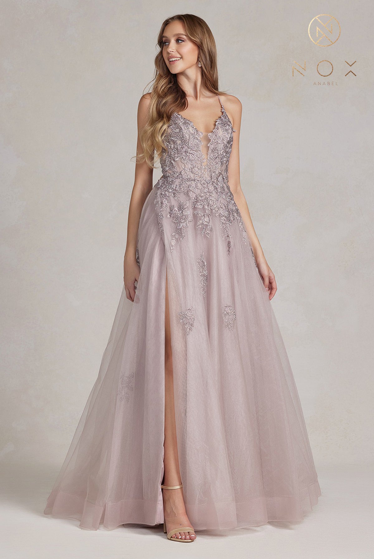 A-Line Tulle Skirt Dress w/ Embroidered Lace & Long Prom Style-smcdress