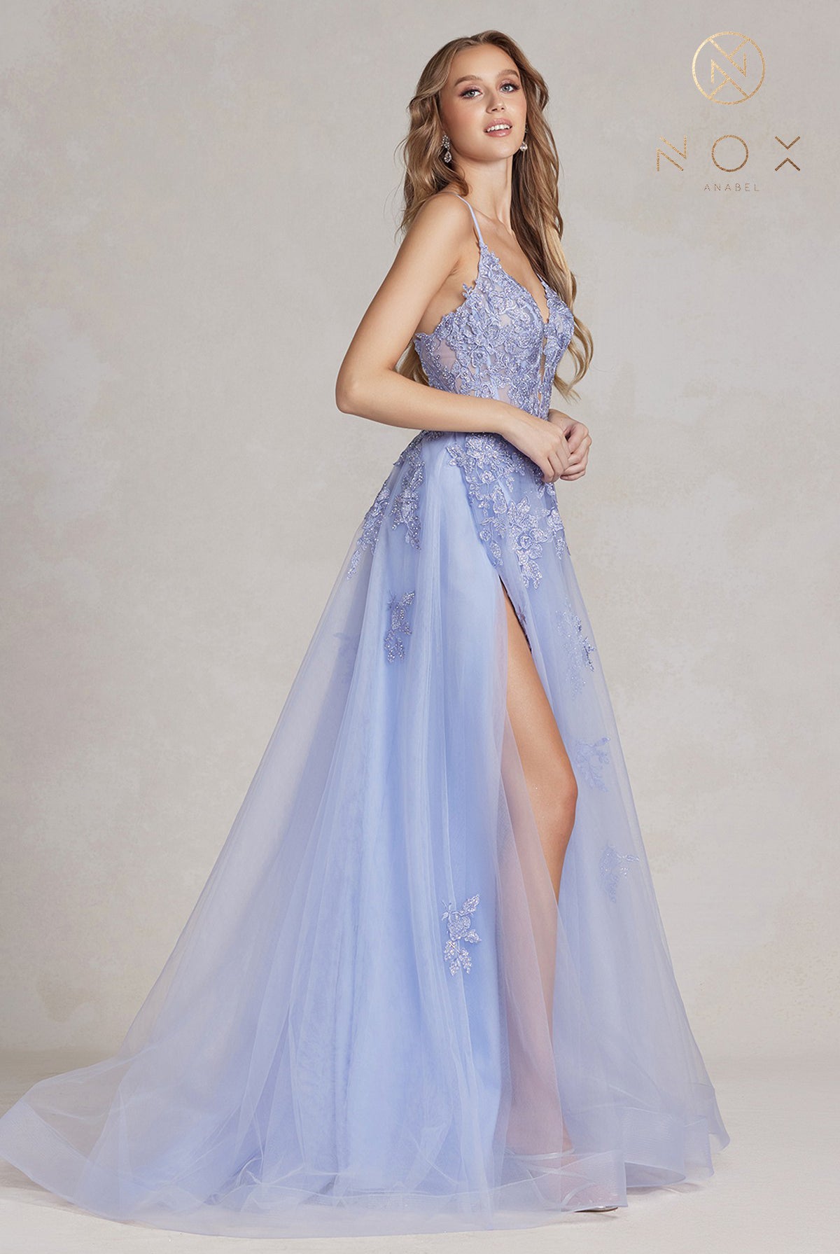 A-Line Tulle Skirt Dress w/ Embroidered Lace & Long Prom Style-smcdress