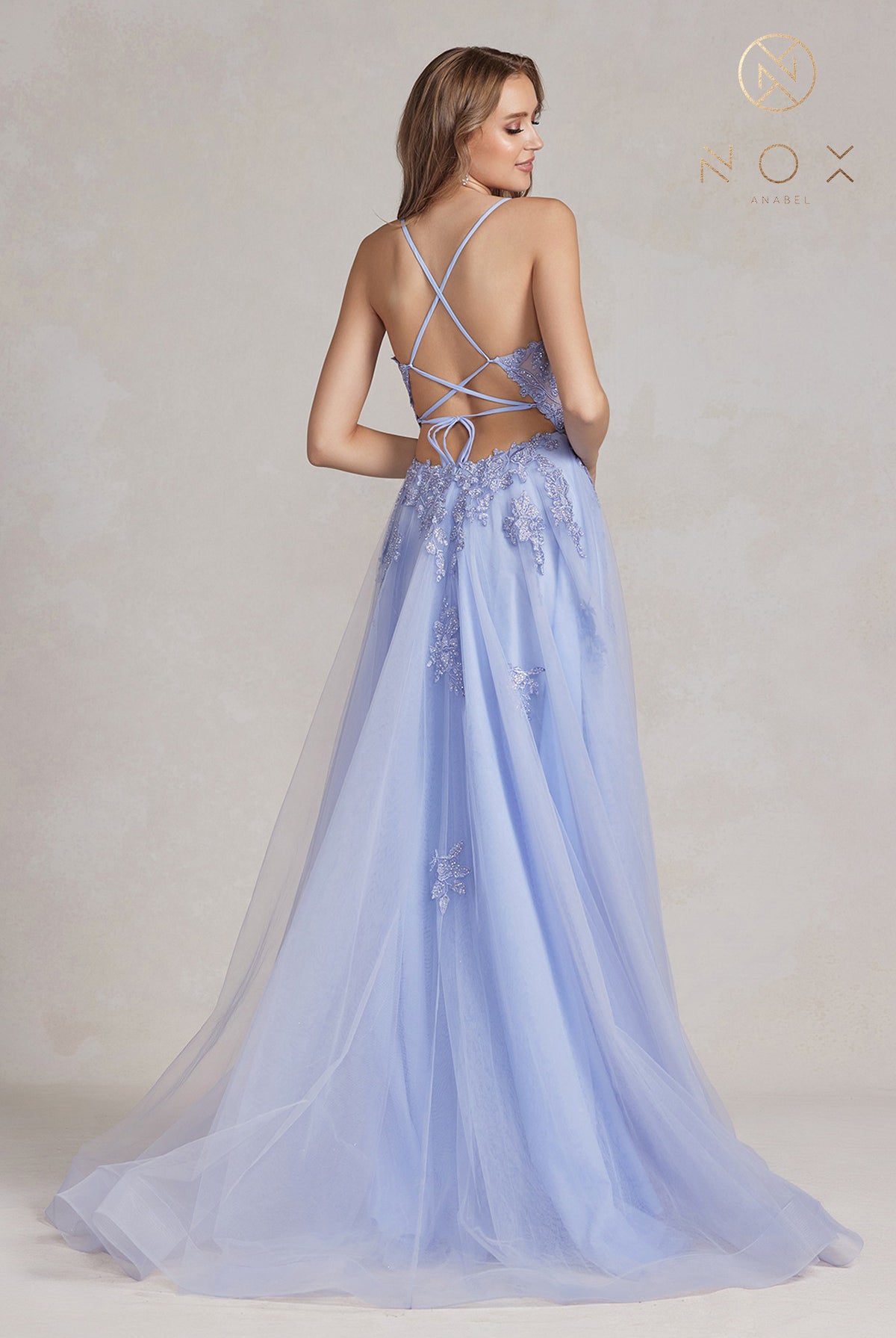 A-Line Tulle Skirt Dress w/ Embroidered Lace & Long Prom Style-smcdress