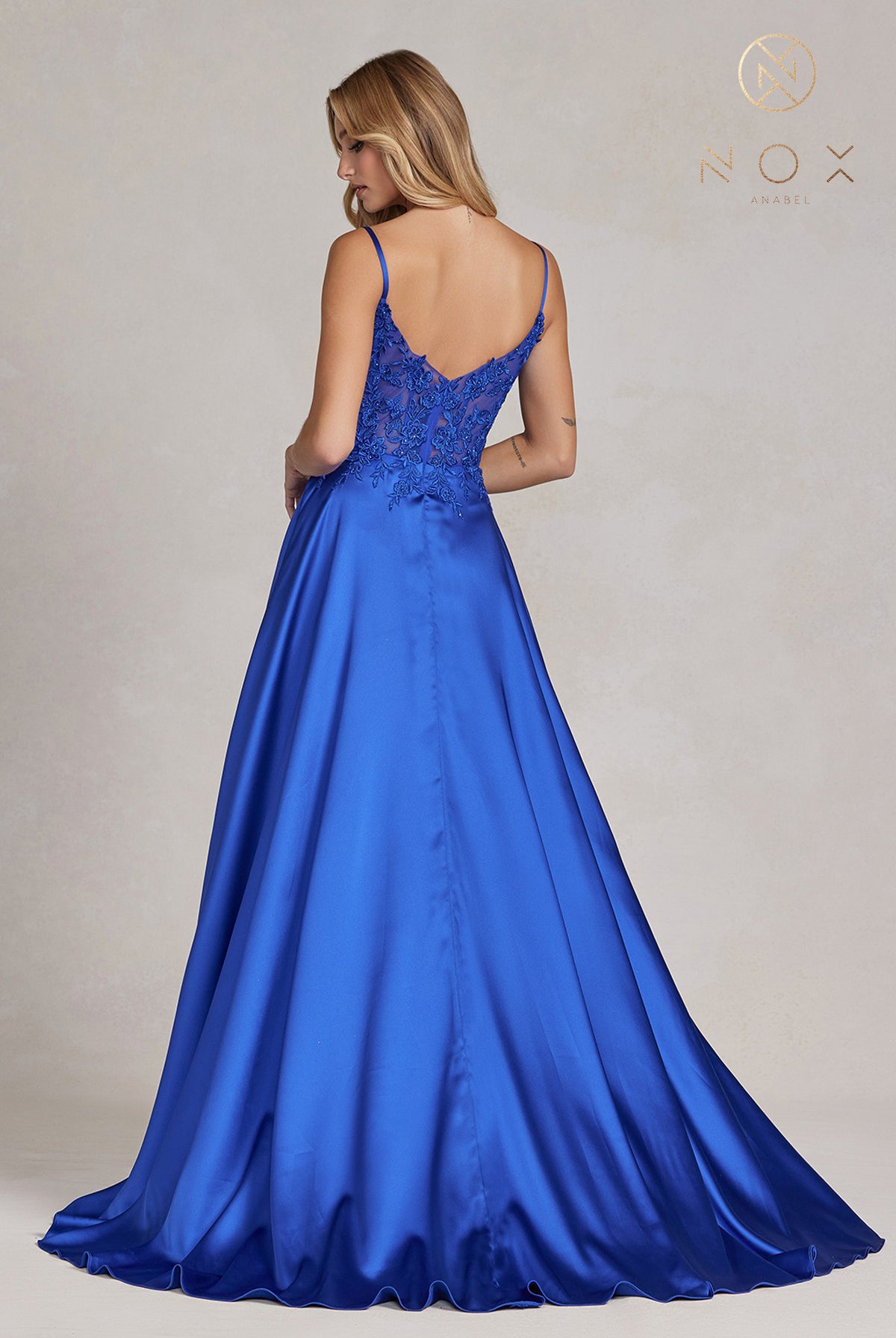 Embroidered Lace Bodice, Open V-Back, Satin Skirt Prom Dress-smcdress