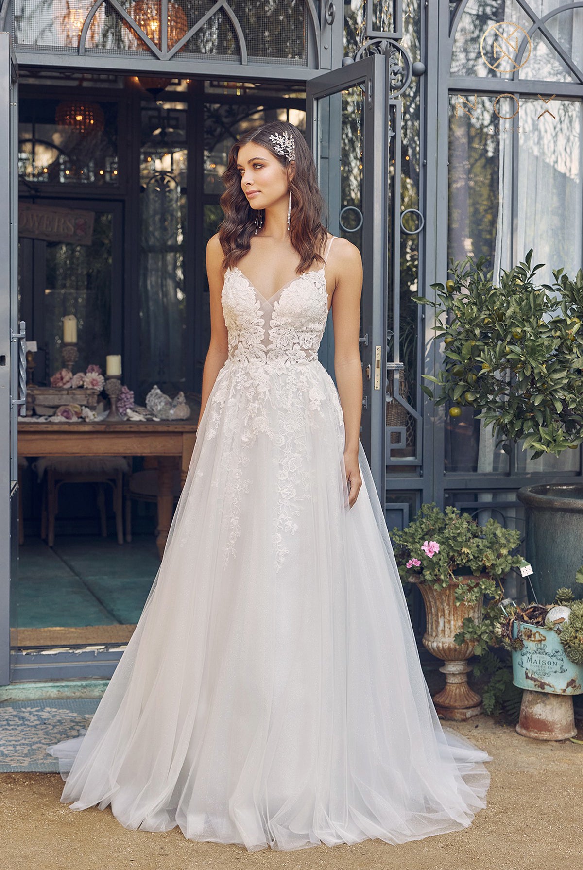 Embroidered Lace Bodice Long Wedding Dress with Open Back-smcdress