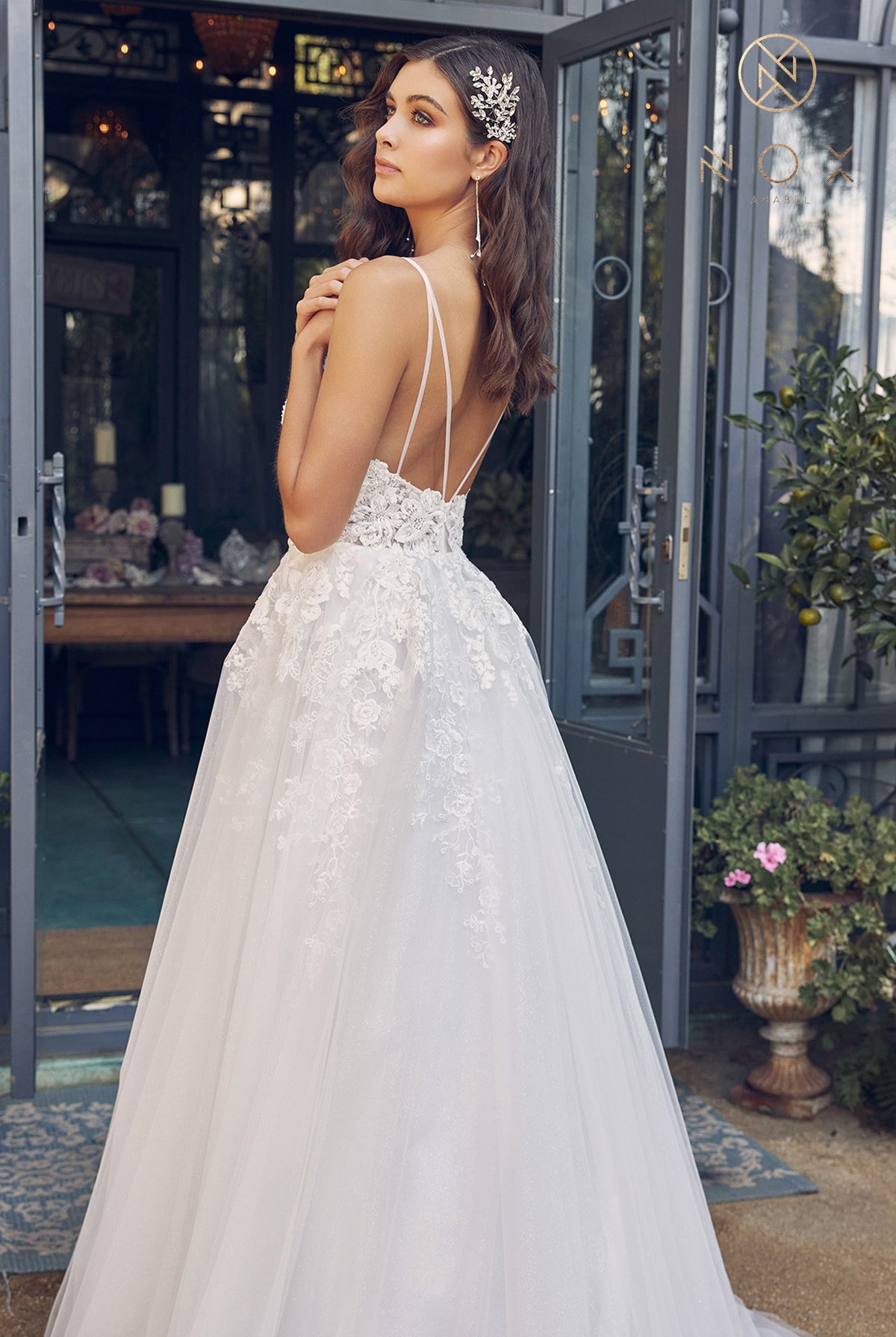 Embroidered Lace Bodice Long Wedding Dress with Open Back-smcdress