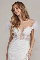 Feather Embellished Sheer Bodice Side Slit Long Wedding Dress-smcdress