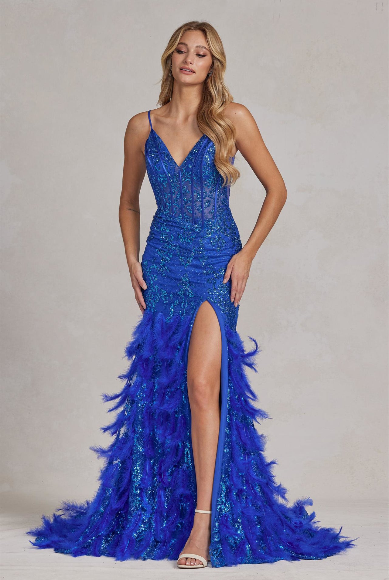 Royal blue feather skirt dress