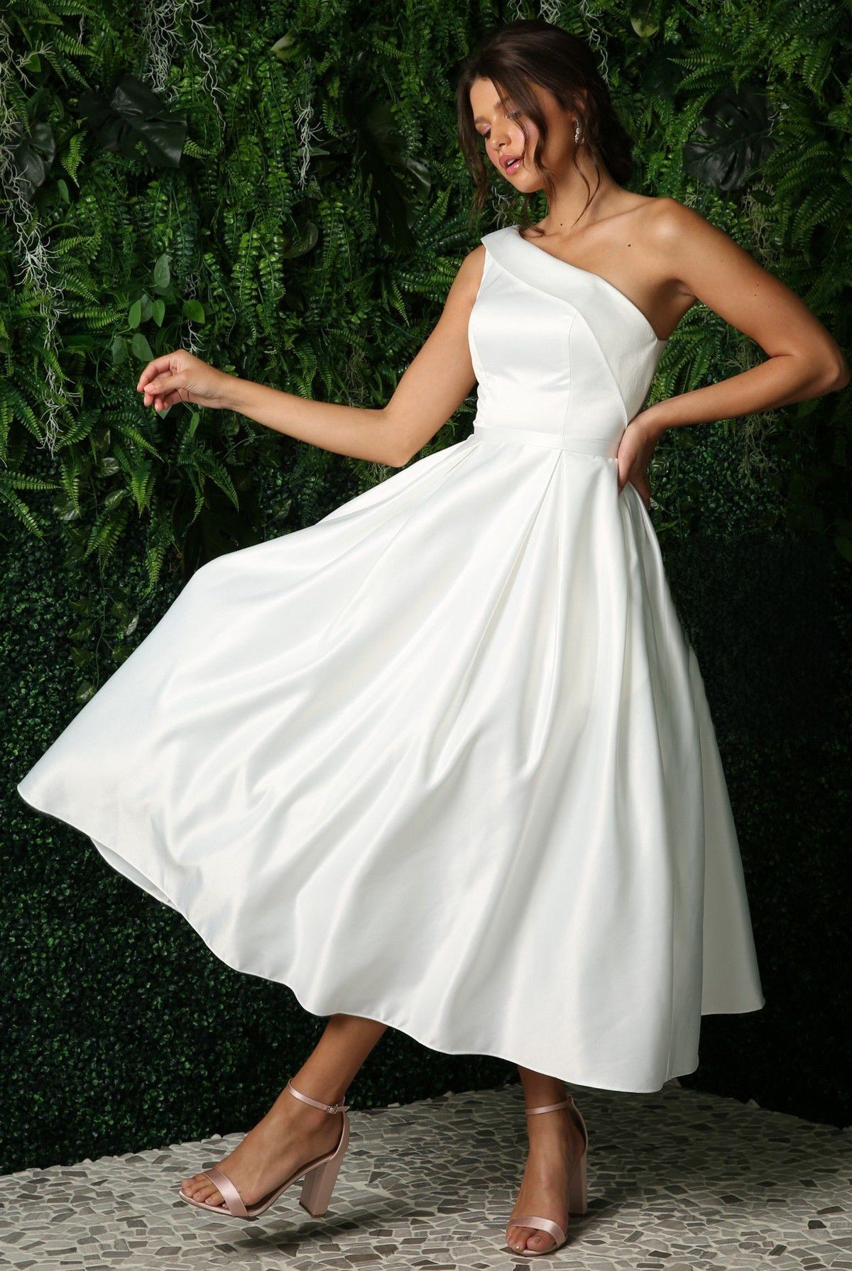 Satin One Shoulder Midi Wedding Dress-smcdress