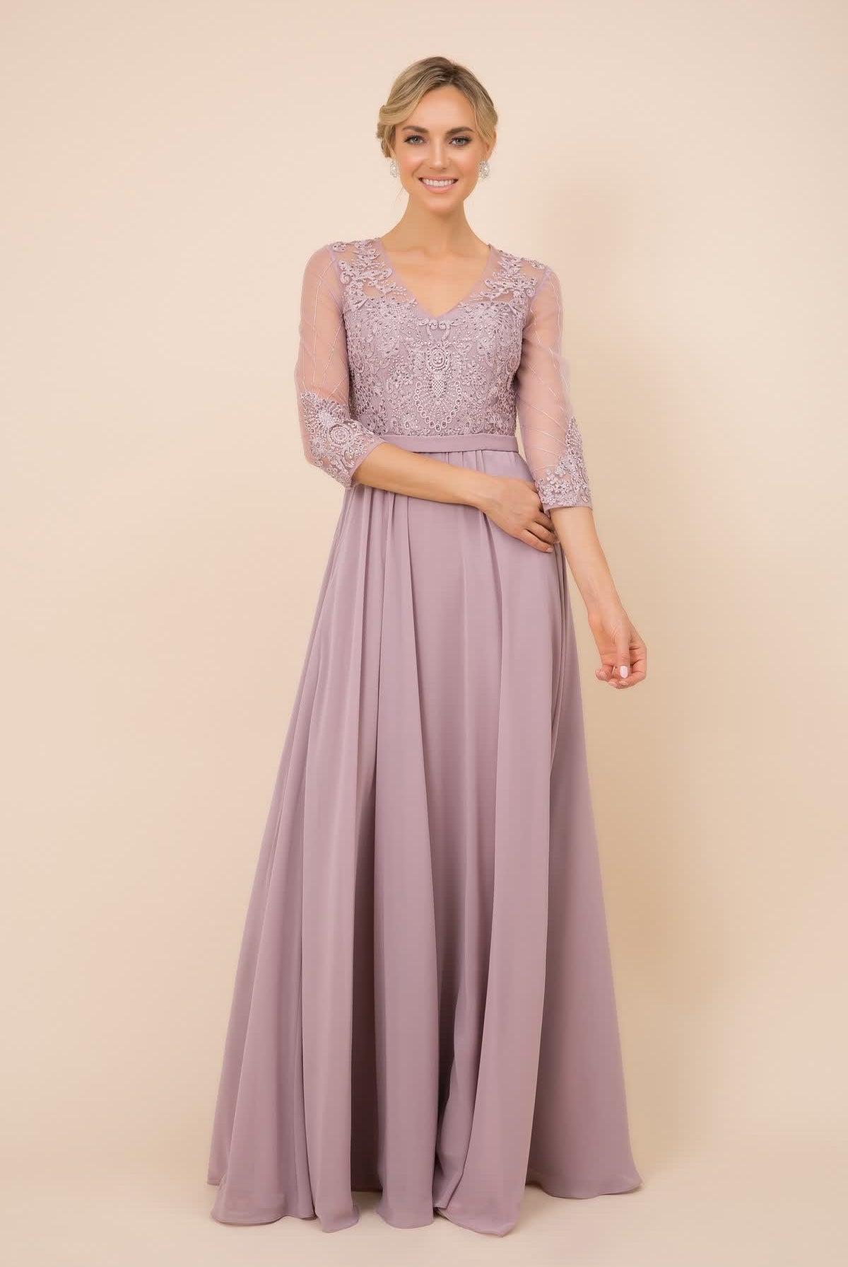 V-Neck Dress, Long, Embroidered Bodice, 3/4 Sleeves-smcdress