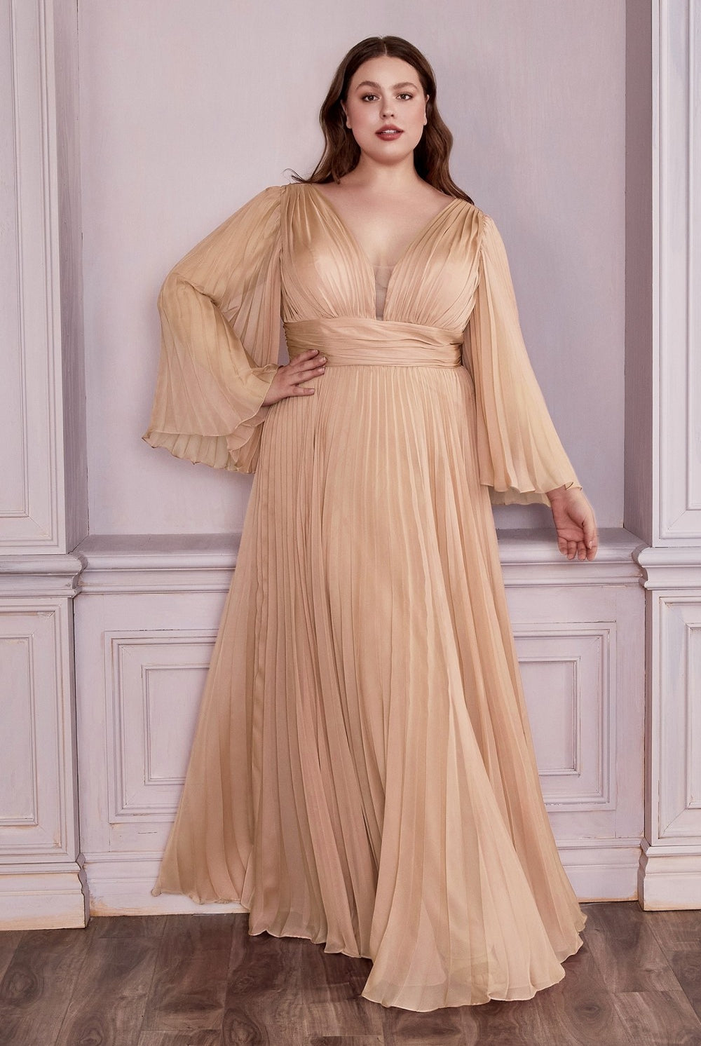 Plus Size Chiffon Prom Dress w/ Long Sleeve, V-neck, A-line & Pleats-smcdress