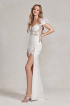 Feather Embellished Sheer Bodice Side Slit Long Wedding Dress-smcdress