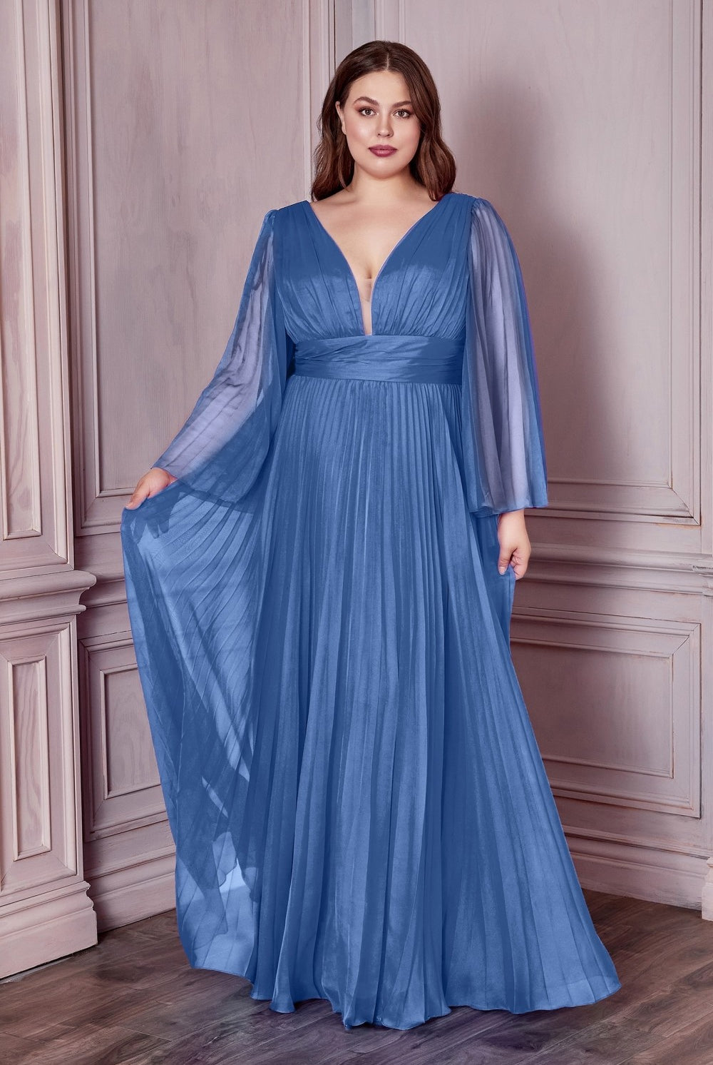 Plus Size Chiffon Prom Dress w/ Long Sleeve, V-neck, A-line & Pleats-smcdress