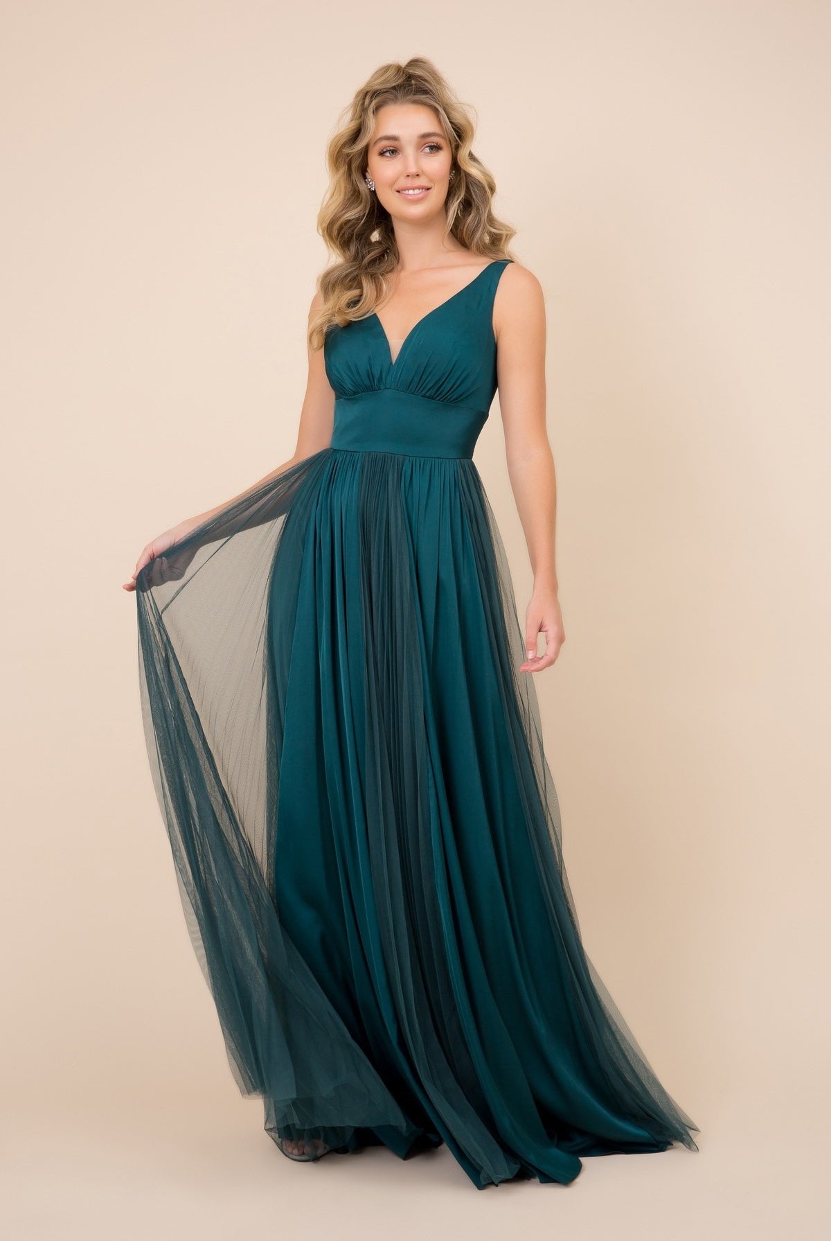 V-neck long tulle dress for evening & bridesmaids-smcdress