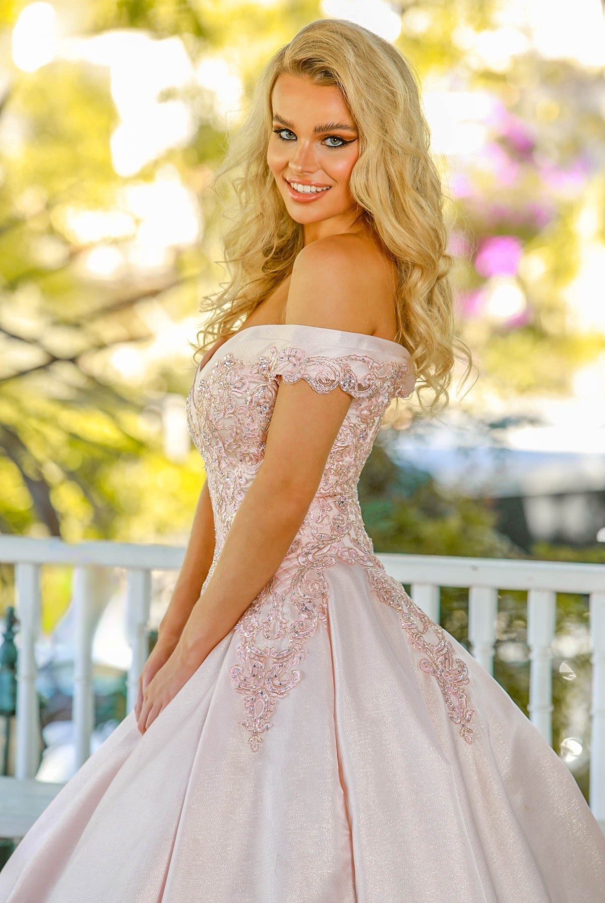 Off Shoulder Metallic Lace Long Quinceanera Dress-smcdress