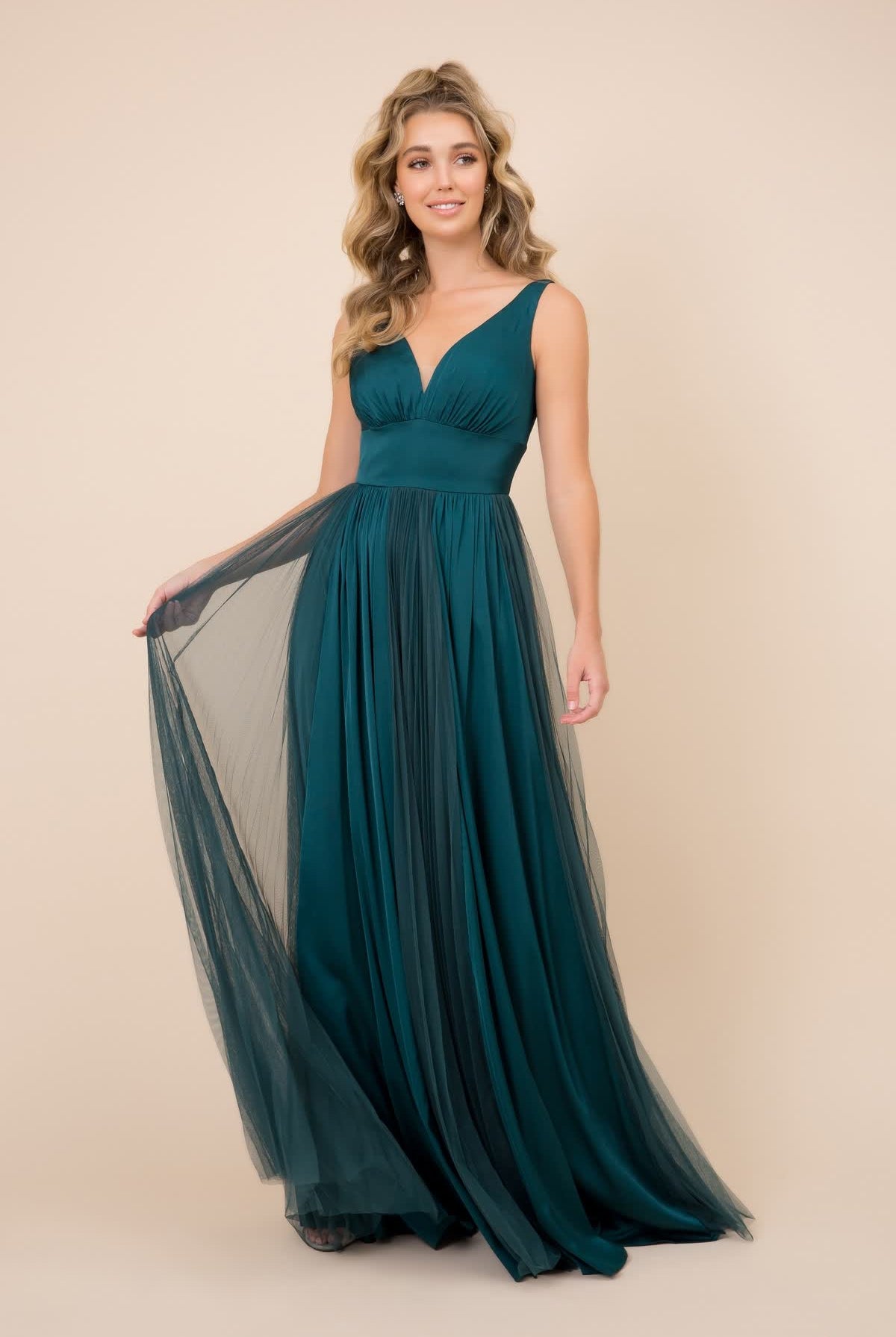 V-neck long tulle dress for evening & bridesmaids-smcdress