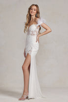Feather Embellished Sheer Bodice Side Slit Long Wedding Dress-smcdress
