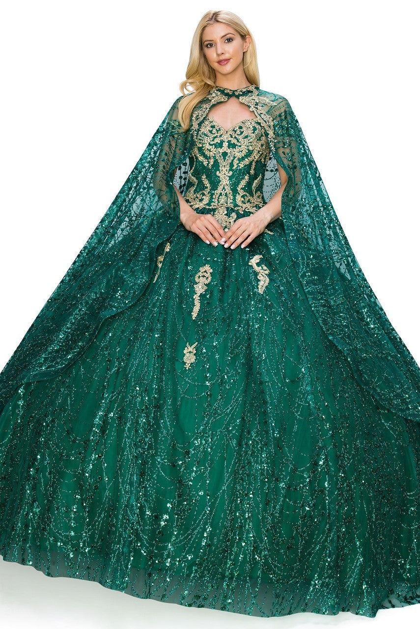 Hunter green glitter ball gown prom dresses