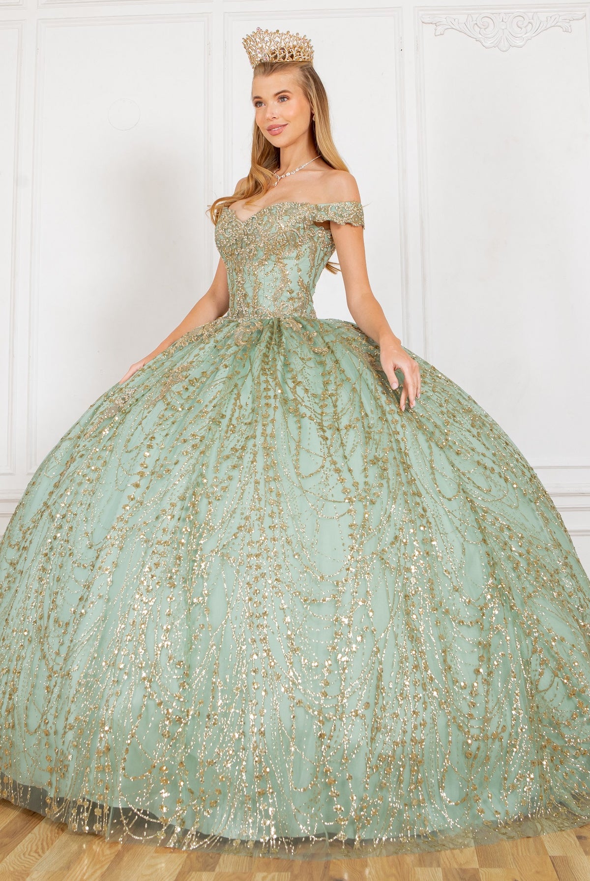 Sage glitter ball gown prom dresses