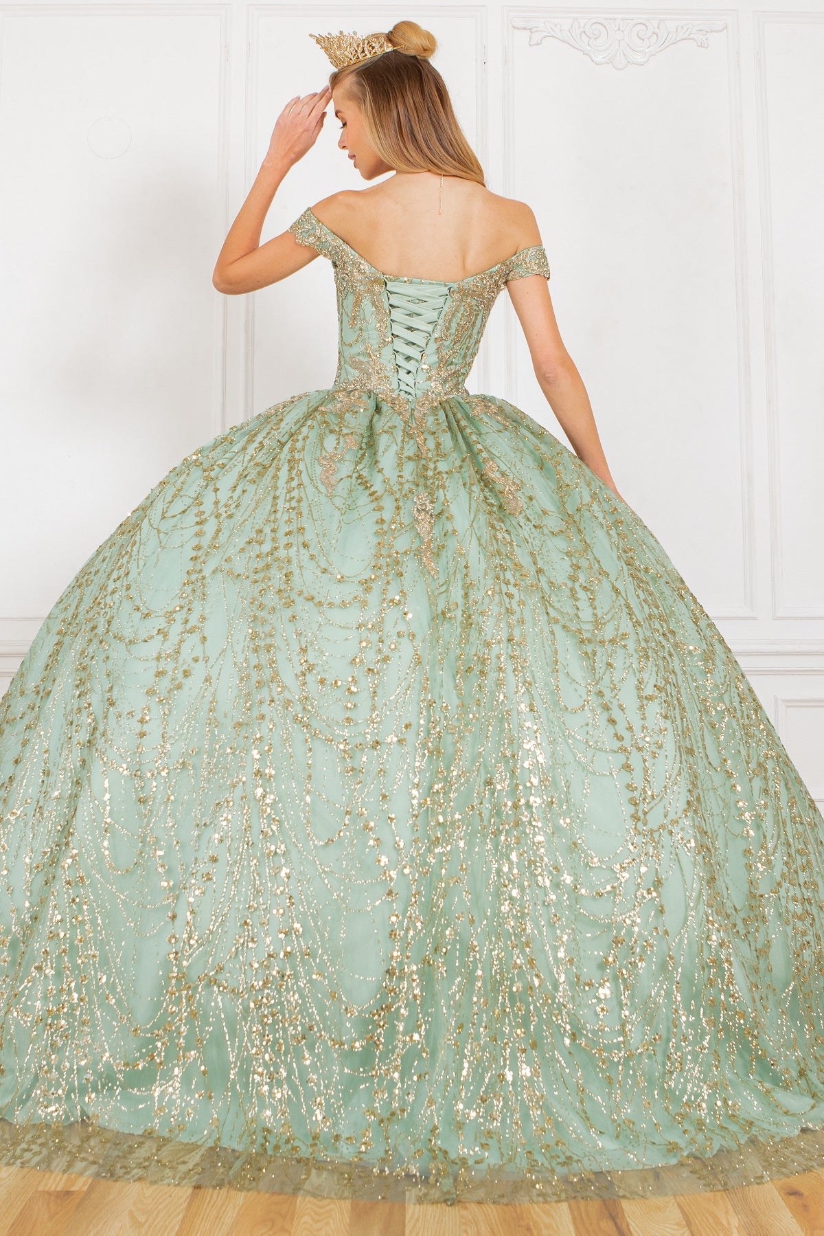 Rhinestone and glittered lacy off shoulder spaghetti back ball gown-smcdress