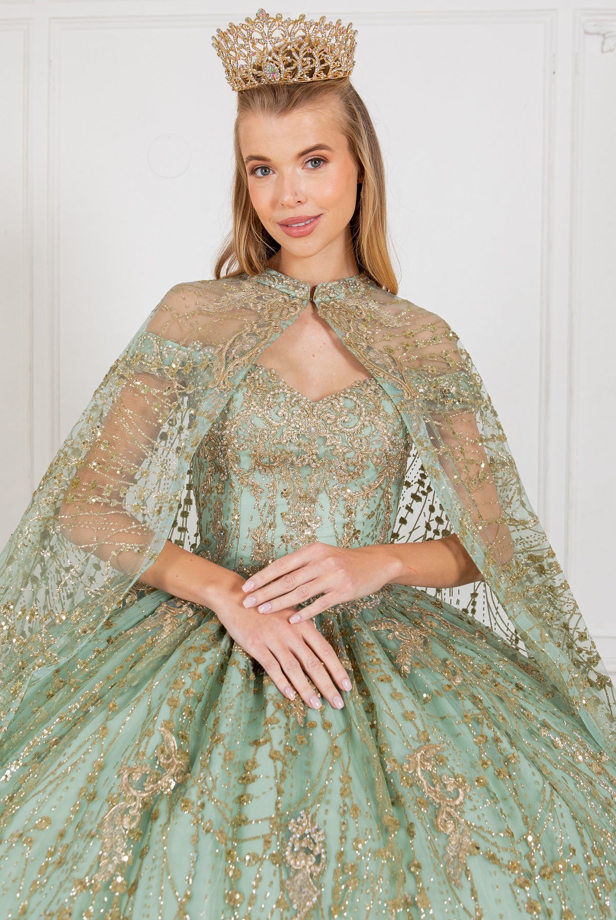A closer look at sage glitter ball gown prom dresses