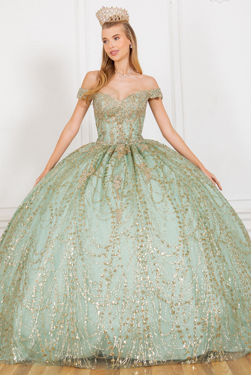 Sage glitter ball gown prom dresses