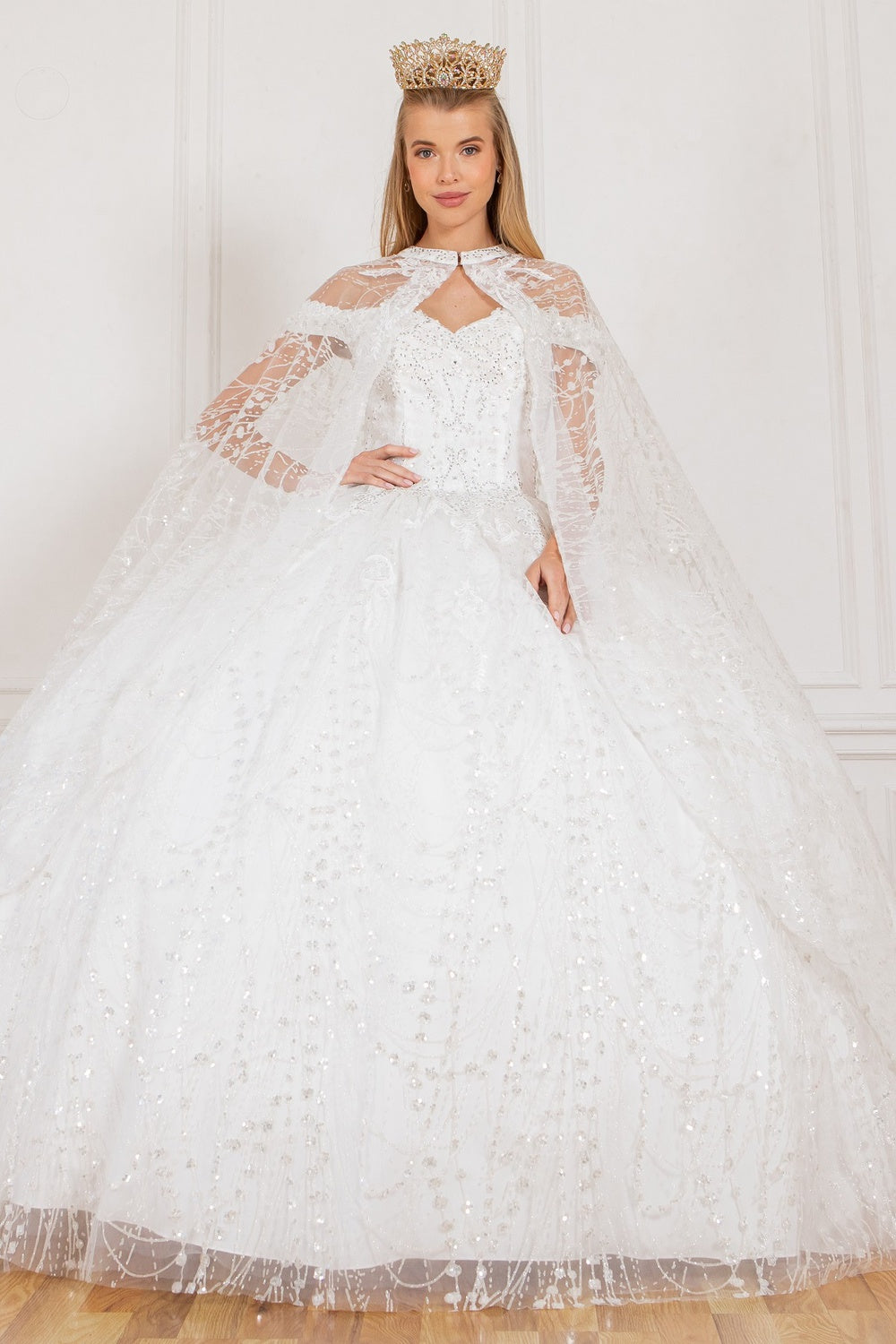 White glitter ball gown prom dresses