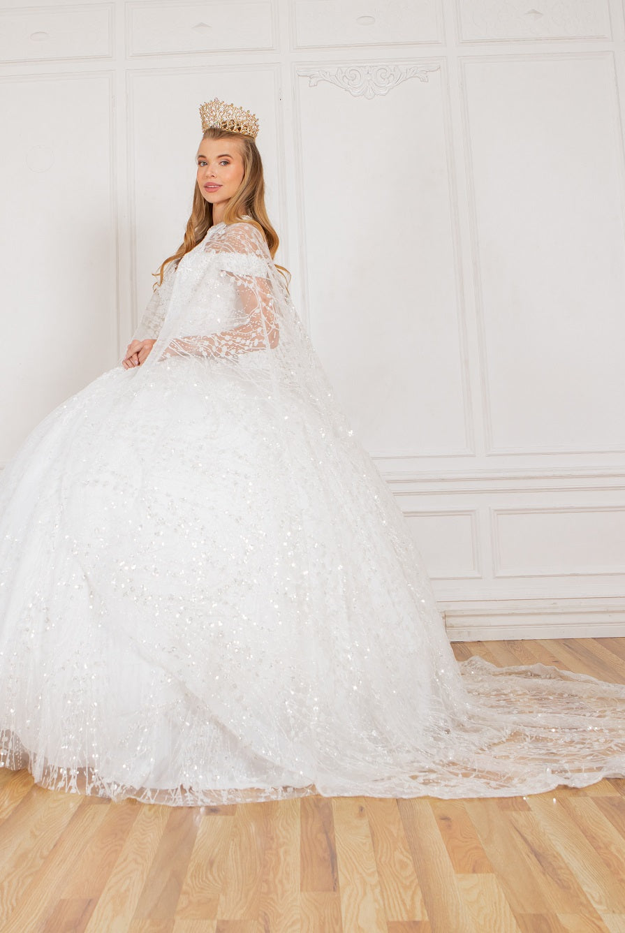 White glitter ball gown prom dresses